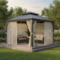12' X 14' Outdoor Hardtop Gazebo Permanent outside Heavy Duty Sun Shade Deck Canopy for Patio All Weather Aluminum Metal Roof Backyard Pavilion with Netting and Curtains