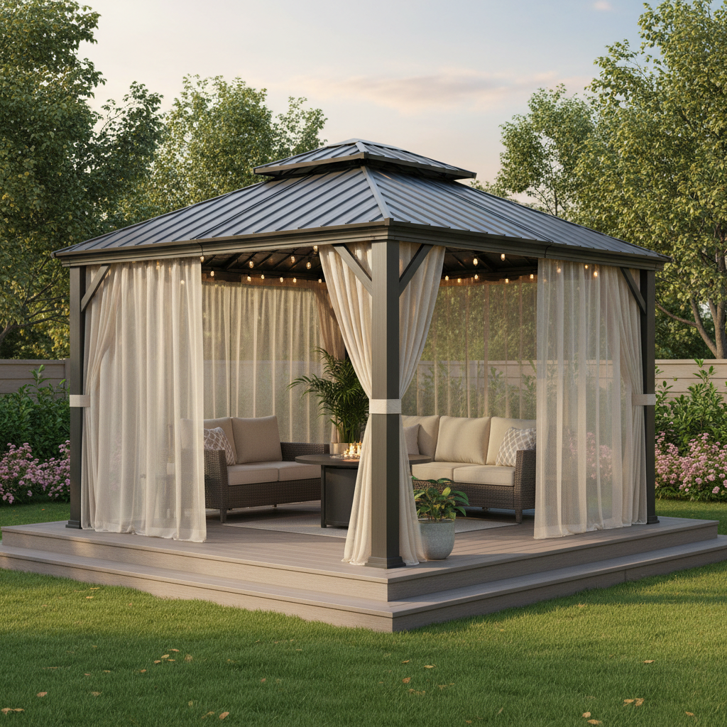 12' X 14' Outdoor Hardtop Gazebo Permanent outside Heavy Duty Sun Shade Deck Canopy for Patio All Weather Aluminum Metal Roof Backyard Pavilion with Netting and Curtains